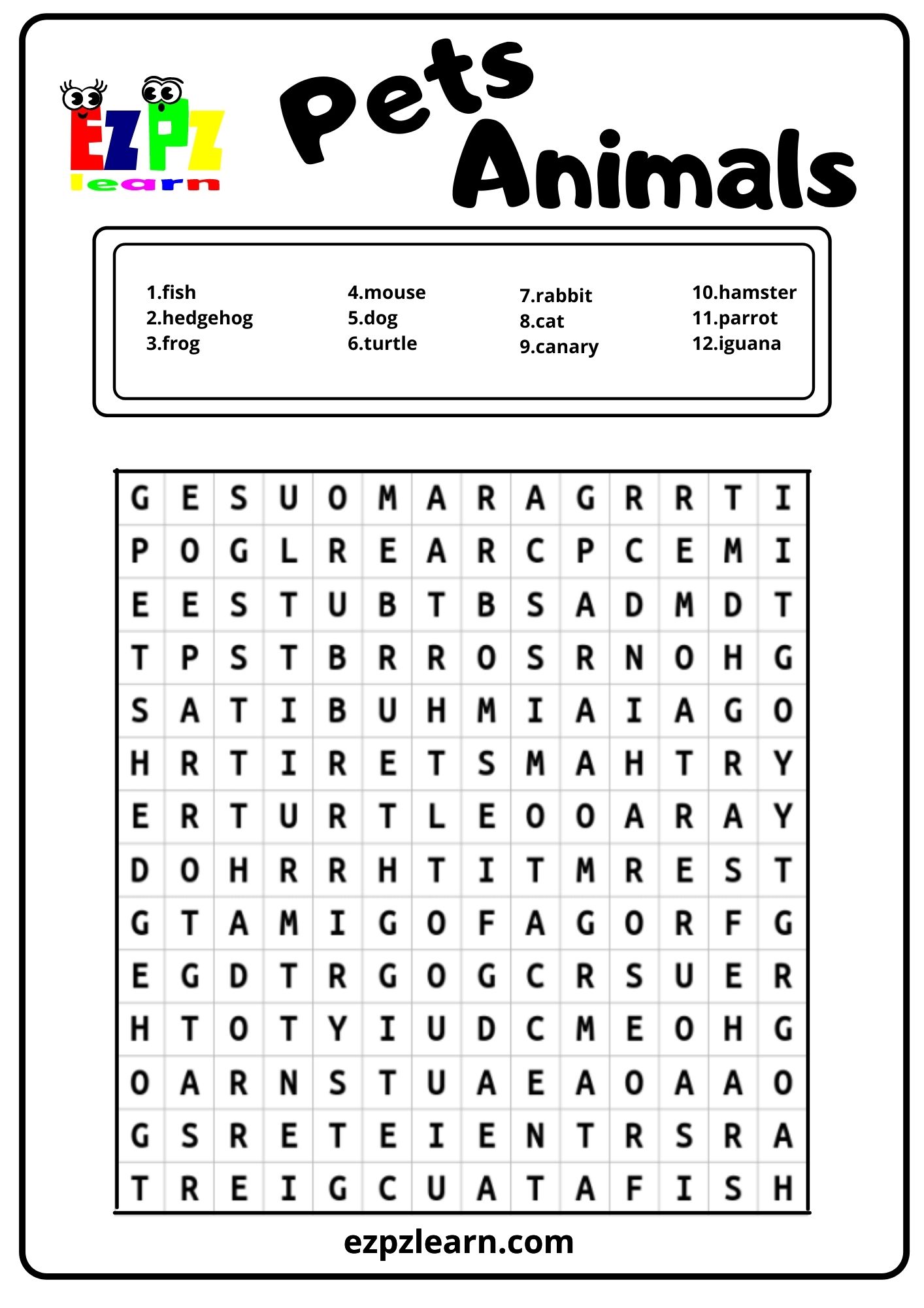 Pets Word Search Ezpzlearn Com